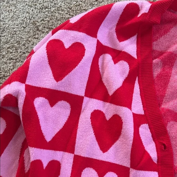 Red and Pink Heart-Print Button-Front Cardigan - Picture 3 of 11
